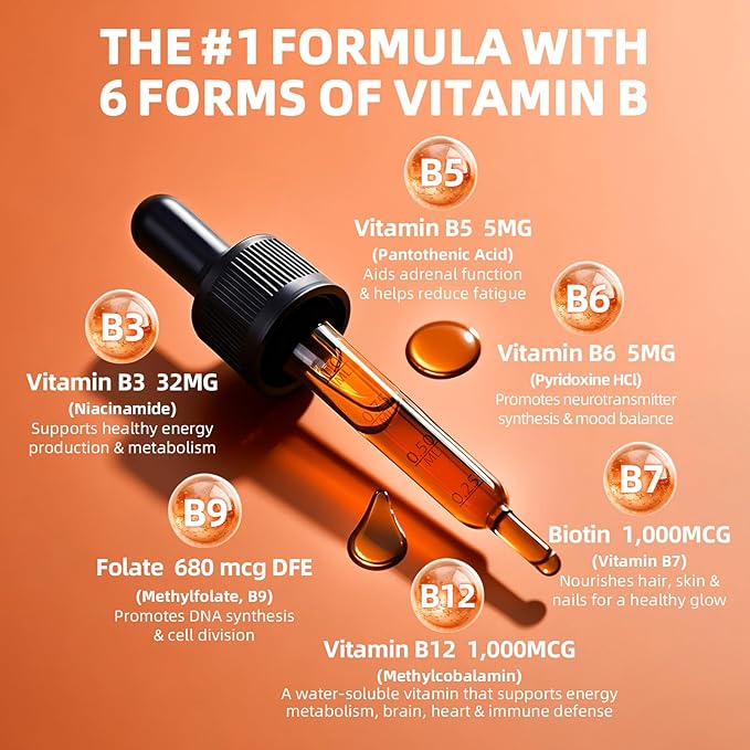 Super B-Complex Liquid Drops | B12 Methylcobalamin + Methyl Folate | B Vitamins Complex w/B3,B5,B6,B7, Ashwagandha & L-Theanine for Energy, Focus & Immunity, Vegan Strawberry 2fl Oz