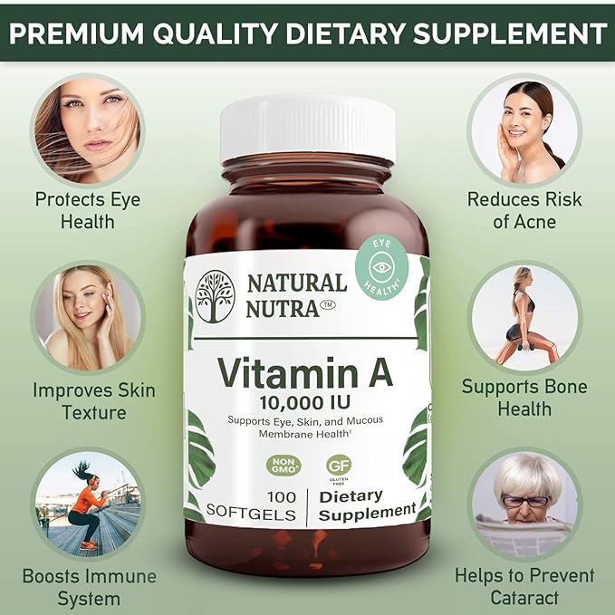 Natural Nutra Vitamin A 10,000 IU Softgels – High Potency Eye and Skin Vitamins – Gluten-Free - Supplement for Sight & Skin Health – Fish Liver Oil for Men and Women, Gluten Free 100 Softgels (2 Pack)