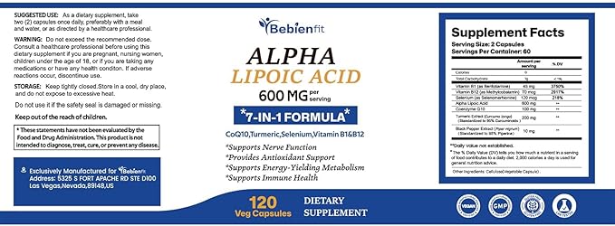 Alpha Lipoic Acid 600mg + CoQ10 & Active B1 & B12 – 7-in-1 Neuropathy Support – Fortify Nerves in Hands & Feet – Antioxidant, Cell Energy & Metabolism – Vegan, Gluten-Free, 120 Capsules