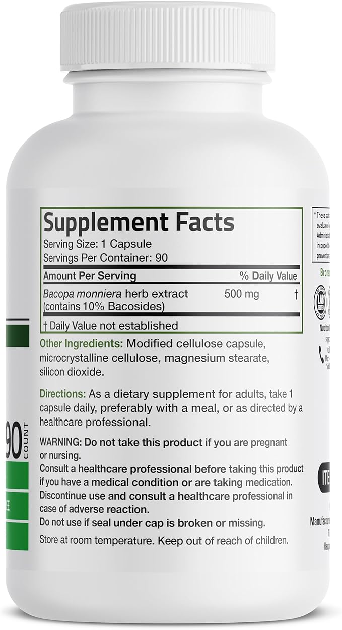 Bronson Bacopa Monnieri Extract 500 mg - Promotes Mental Clarity and Brain Function - Non GMO, 90 Vegetarian Capsules