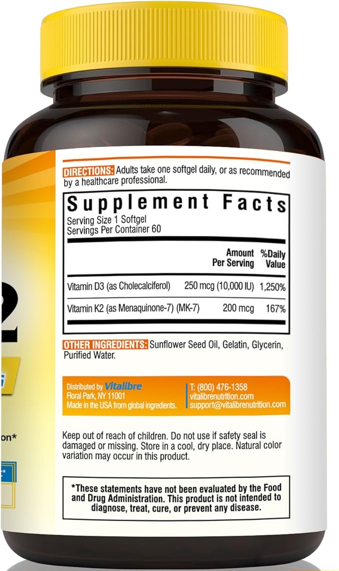 Vitamin D3 K2 Supplement, 10000 IU D3 / 200 mcg K2 MK7, Calcium Absorption, Bone, Heart, Immune & Mood Support, Enhanced Absorption, No Soy, Easy to Swallow, 60 Softgels