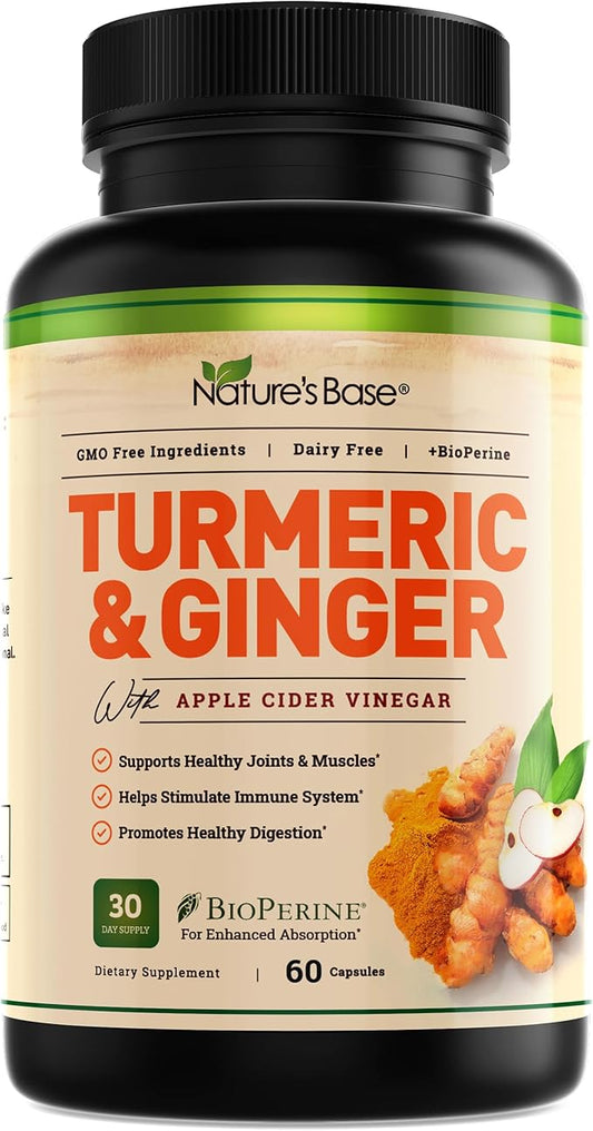 Nature's Base Turmeric and Ginger Supplement - with Curcumin, Apple Cider Vinegar & BioPerine Black Pepper Extract - 95% Curcuminoids - 60 Capsules