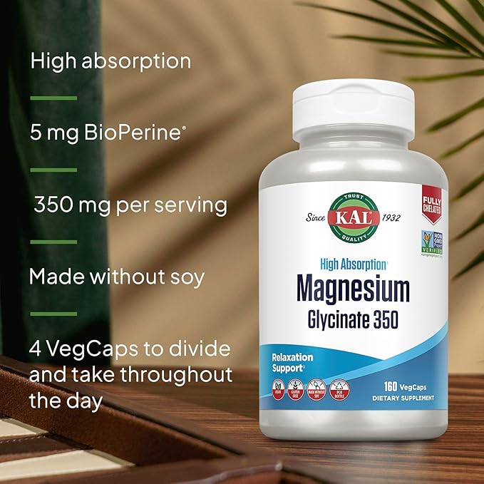 KAL Magnesium Glycinate Capsules, Fully Chelated Magnesium Bisglycinate, High Absorption Magnesium Supplement, Healthy Bones, Muscle, Relaxation and Stress Support, Non-GMO 160 count