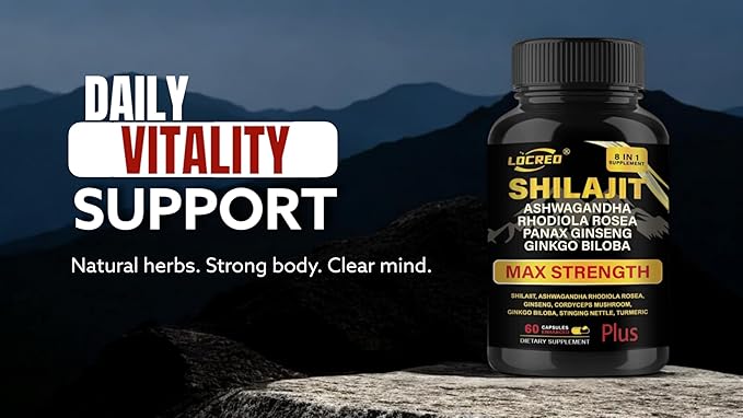 Shilajit Capsules for Men & Women, 8 in 1, with Shilajit 18000 mg, Ashwagandha, Ginseng, Ginkgo, Rhodiola, Cordiceps, Natural Energy & Stamina Supplement for Men, 60 Capsules.