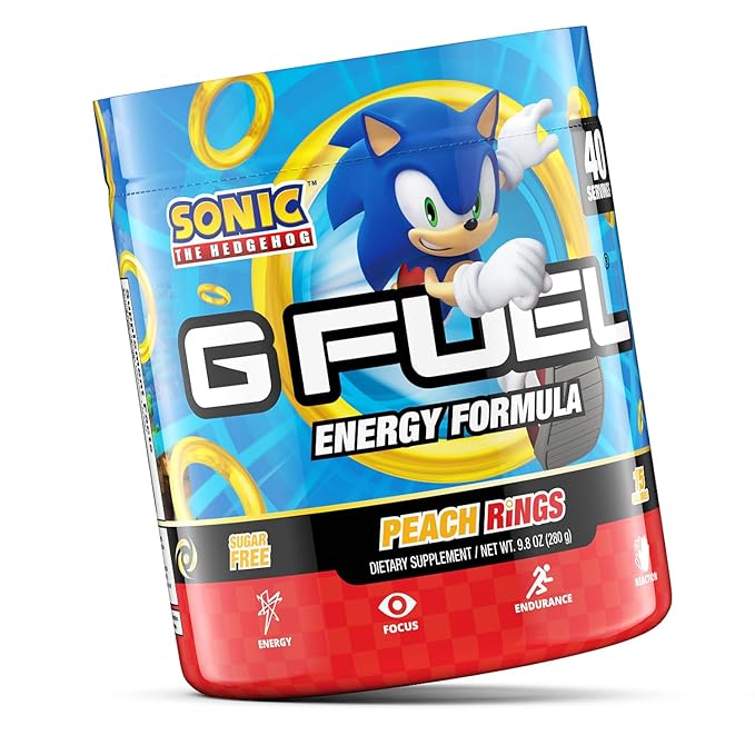 G Fuel Sonic Energy Drink Powder, Pre Workout Caffeine Mix for Gaming, Sugar Free Focus Amino, Vitamin + Antioxidants, 9.8oz (Peach Ring Candy, 40 Servings)