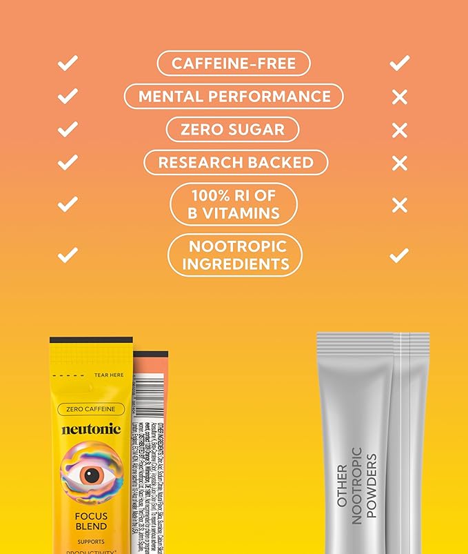 Neutonic Nootropic Focus Blend Powder | Peach Mango 16 Sticks | Caffeine Free, Zero Sugar | Support Memory, Mental Clarity, Cognitive Function | Boost Focus, Energy, Brain Health