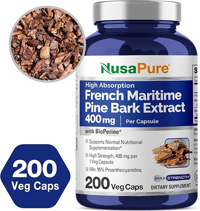 NusaPure French Maritime Pine Bark Extract 400mg per Veggie Caps 200-Day Supply Bioperine Non-GMO Vegan