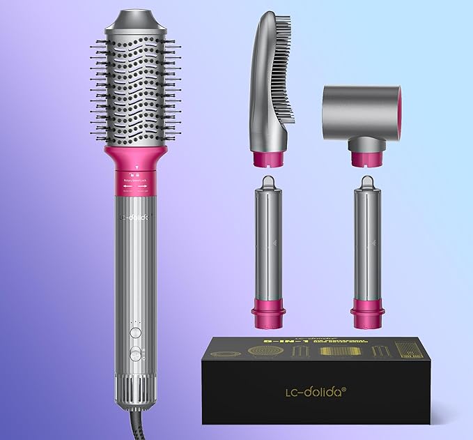 5 in 1 Professional Hot Air Styler, LC-dolida Powerful Hair Dryer & Straightener Set, Styling Without Heat Damage, Fast Drying Curling Volumizing Straightening, 110 Volts, 1200 Watts（Silver）