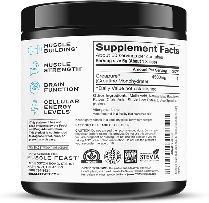 Muscle Feast Creapure Creatine Monohydrate Powder, Vegan Keto Friendly Gluten-Free, Muscle Recovery Supplement and Trusted Creatine for Muscle Growth, Flavored Creatine, Natural Blue Raspberry, 300g