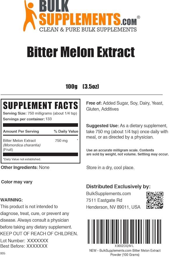BulkSupplements.com Bitter Melon Extract Powder - Bitter Melon Supplement, Bitter Gourd Extract - Herbal Supplement, Gluten Free, 750mg per Serving, 100g (3.5 oz) (Pack of 1)
