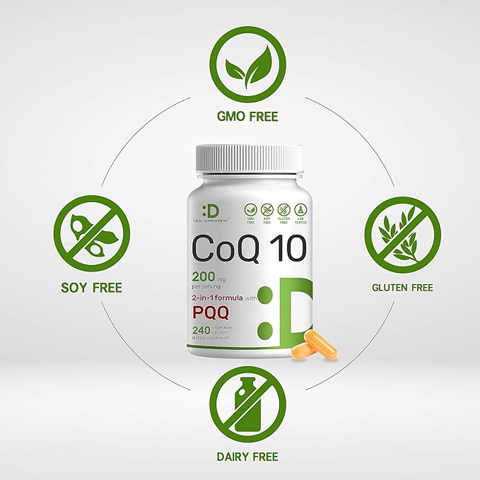 DEAL SUPPLEMENT CoQ10 200mg with PQQ 200mcg, 240 Veggie Capsules | Bioavailable Coenzyme Q10 Complex | Supports Heart, Energy & Brain Health | Antioxidant Support | Non-GMO