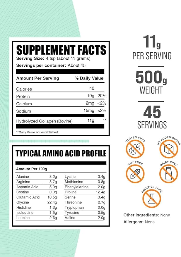 BulkSupplements.com Collagen Peptides Powder - Bovine Collagen Powder, Powdered Collagen Supplement - Hydrolyzed & Gluten Free, 11g per Serving, 500g (1.1 lbs) (Pack of 1)