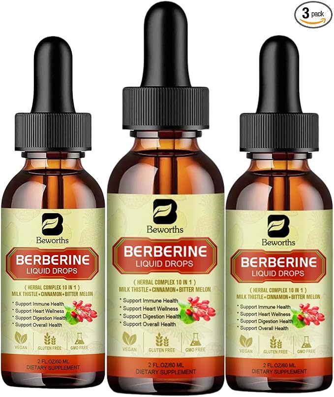 3PC Berberine Supplement with Ceylon Cinnamon - Berberine HCL Liquid Drops with Turmeric, Ceylon Cinnamon, Bitter Melon, Berberine Phytosome Activates AMPK & GLP-1 for Immune, Digestion Support
