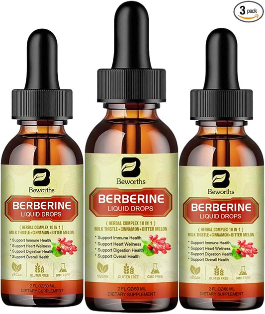 3PC Berberine Supplement with Ceylon Cinnamon - Berberine HCL Liquid Drops with Turmeric, Ceylon Cinnamon, Bitter Melon, Berberine Phytosome Activates AMPK & GLP-1 for Immune, Digestion Support