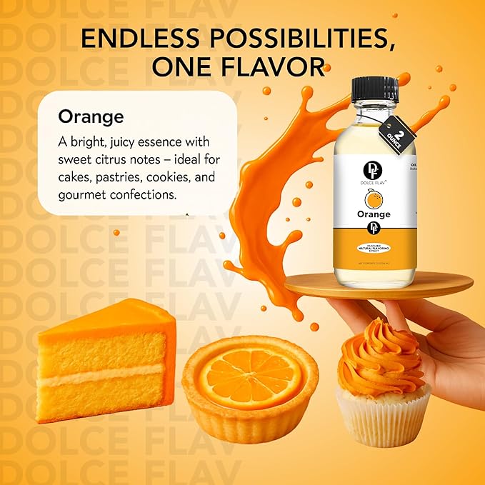 Dolce Flav Natural Orange Extract – 8 Ounce Oil-Soluble Kosher, Sugar-Free, Concentrated Citrus Flavor for Candy, Chocolates & Desserts, Includes Measured Dropper