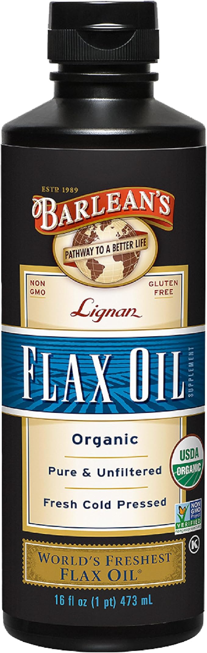 Barlean's Organic Lignan Omega 3 Flaxseed Oil Liquid Supplement for Men and Women, Cold Press Flax Seeds, 7230mg ALA Fatty Acid, Vegan and Gluten Free, 16 oz