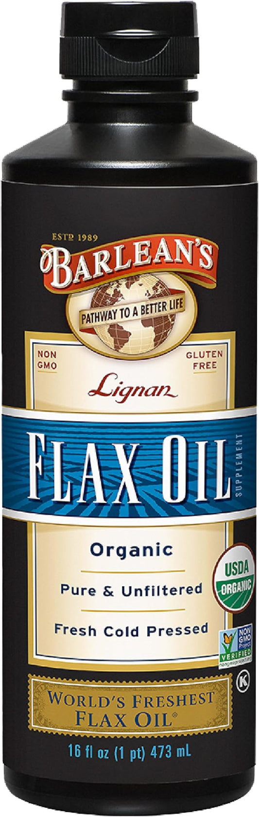 Barlean's Organic Lignan Omega 3 Flaxseed Oil Liquid Supplement for Men and Women, Cold Press Flax Seeds, 7230mg ALA Fatty Acid, Vegan and Gluten Free, 16 oz