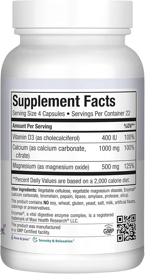 Calcium 1000 mg Supplement with Vitamin D3 (1000 IU) and Magnesium (500 mg) - Bone, Teeth and Joint Support for Men and Women - 180 Capsules - Maxi Cal by Maxi Health