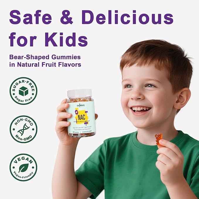 NAC Supplement 1000mg for Adults & 500mg for Kids, N-Acetyl Cysteine Ethyl Ester Gummies, Synergistic Antioxidant, Vegan, Sugar-Free 60 Gummies