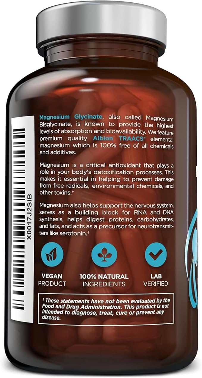 OmniBiotics Magnesium Glycinate Supplement – with 100% Pure Albion TRAACS Bisglycinate Chelate for Sleep, Muscle, Nerve & Heart Health – 120 Vegan Capsules