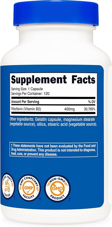 Nutricost Vitamin B2 (Riboflavin) 400mg, 120 Capsules (3 Bottles)