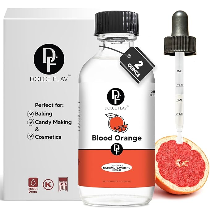 Dolce Flav Natural Blood Orange Extract – 2 Ounce Oil-Soluble Kosher, Sugar-Free, Concentrated Rich Citrus Flavoring for Baking, Chocolates & Desserts, Includes Measured Dropper