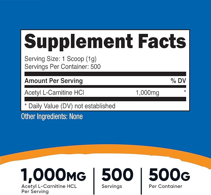 Nutricost Acetyl L-Carnitine (ALCAR) 500 Grams - 1000mg Per Serving - Pure Acetyl L-Carnitine Powder