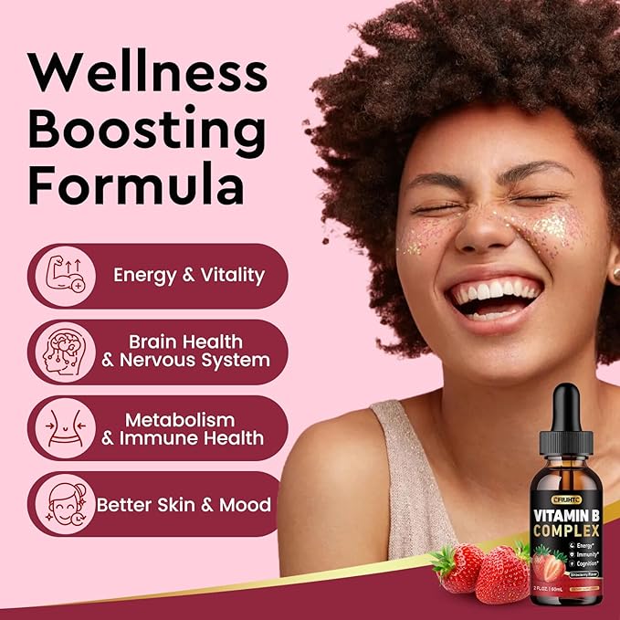 Vitamin B Complex Liquid Drops, B Vitamins Complex Supplement with B1, B2, B3, B5 B6, B7, B9 & Methyl B12 Drops for Adults & Kids, Vegan, Strawberry Flavor