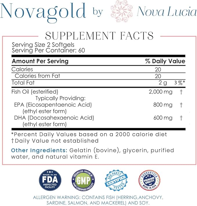 NovaGold Omega 3 Fish Oil – 2000mg High Strength EPA DHA Supplement – Burpless, Easy to Swallow Softgels – Supports Heart, Brain, Joints, Immune & Skin – Non-GMO – 120 Liquid Capsules