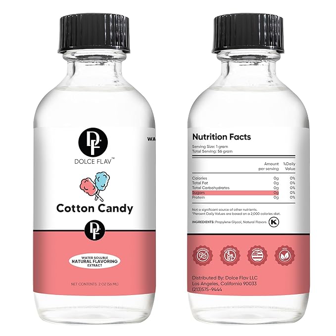 Dolce Flav Cotton Candy Extract – Kosher, Sugar-Free, Concentrated Carnival-Style Flavoring for Baking, Frostings & Drinks, Includes Measured Dropper, 2 oz Pack of 2