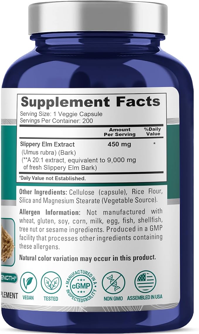 NusaPure Slippery Elm Bark 20:1 Extract, 450 mg Equivalent to 9,000mg 200 Veggie Capsules (Non-GMO, Vegan)