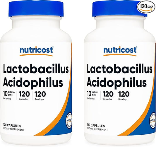 Nutricost Lactobacillus Acidophilus 10 Billion CFU, 120 Veggie Capsules - Probiotic (2 Bottles)