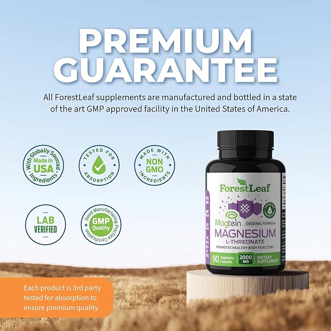 Forest Leaf Magnesium L-Threonate Magtein Capsules - 2000mg Magnesium Threonate Supplement Supports Cognitive Function, Focus, Brain, Deep Calm and Sleep for Men & Women | 90 Powder Veg Caps