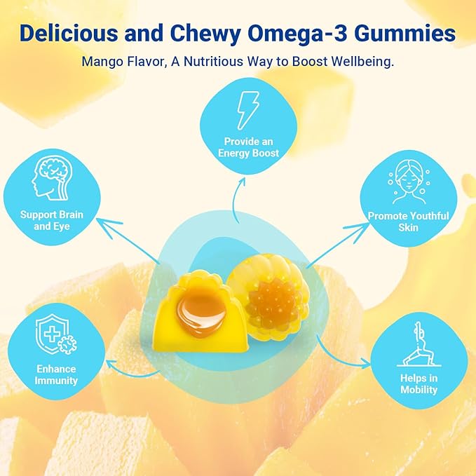 Omega 3 Gummies Vegan Fish Oil Gummies with Turmeric + CoQ10 + Vitamin C D3 K2, Fish Oil Omega 3 Supplements for Women & Men with Algae DHA & EPA for Brain & Immune Support, Sugar Free, 60 Cts