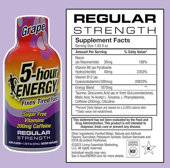 5-hour ENERGY Shots Regular Strength, Grape Flavor, 1.93 oz. 30 Count, Sugar Free, Zero Calories, Amino Acids and Essential B Vitamins, Dietary Supplement, Feel Alert and Energized, 200mg Caffeine