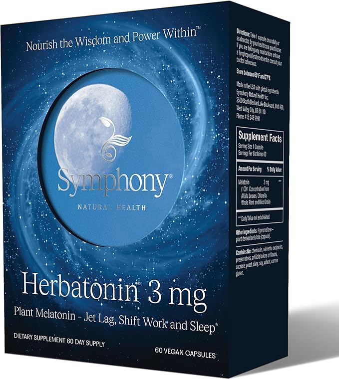 Herbatonin 3mg - The Only Natural Plant Melatonin Natural Sleep Cycle, Body Clock And Circadian Rhythm Support For Jet Lag, 60 Vegan Capsules (60 Day Supply)