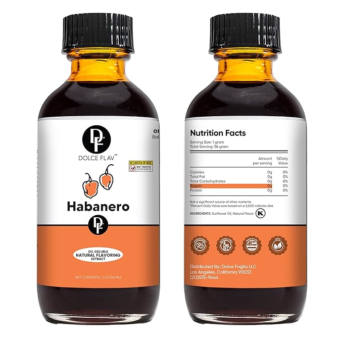 Dolce Flav Natural Habanero Extract (Oil-Soluble) 2 oz – Kosher, Sugar-Free, Concentrated Spicy Habanero Flavoring for Savory Dishes, Sauces & Confections, Includes Measured Dropper