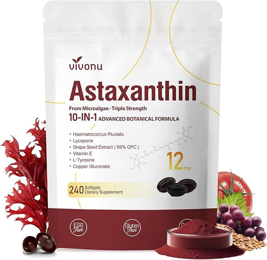 Astaxanthin 12mg, 240 Softgels, Fresh Haematococcus Pluvialis 10 in 1 Astaxanthin Antioxidant Supplements, Contains Lycopene, Grape Seed, Vitamin E, & More, Supports Eye Joints Skin Health, 1 Bag