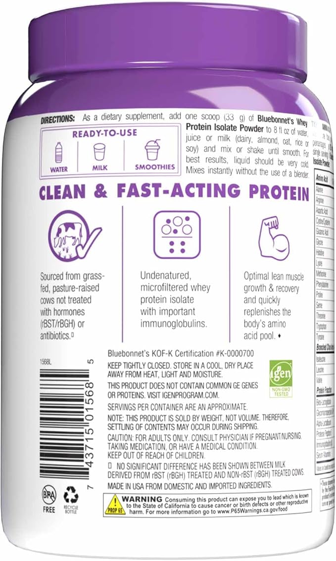 Bluebonnet Grass Fed Whey Protein Isolate 26 g Energy & Workout Recovery BCAA Amino Acids - Gluten-Free, Non-GMO, Soy-Free Vanilla Protein Powder for Women & Men - 14 Servings