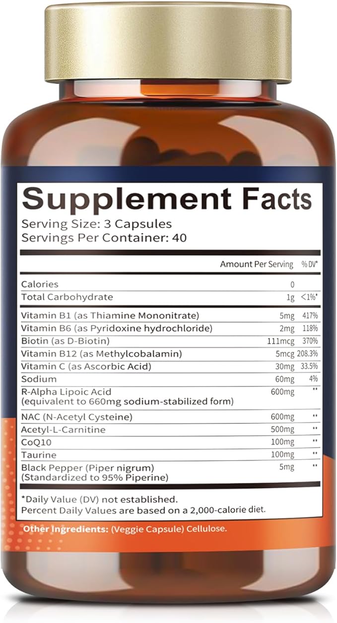 R Alpha Lipoic Acid 600mg - ALA Supplement for Neuropathy & Antioxidant Support Capsules, Nerve Health, Cell Energy, Metabolism and Anti-Aging, Non-GMO, Gluten Free, Vegan Safe 120 Counts