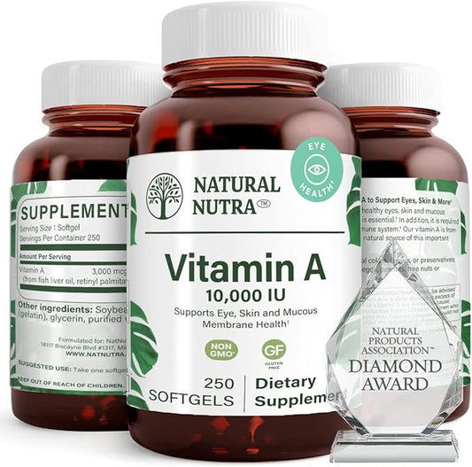 Natural Nutra Vitamin A 10,000 IU Softgels – High Potency Eye and Skin Vitamins – Gluten-Free Vitamin A Supplement for Sight & Skin Health – Fish Liver Oil for Men and Women, Gluten Free, 250 Softgels