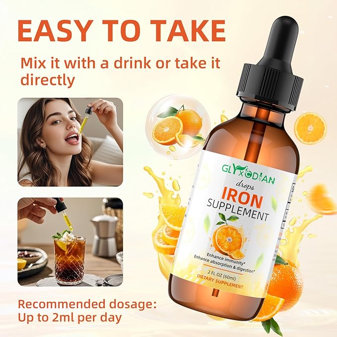 Iron Liquid Drops for Women & Men： Iron Drop 60ml 98% Absorption Liquid Iron Supplement Drops Supports Immunity Energy Red Blood Cell Production Relieves Fatigue Dizziness Natural Orange Flavor