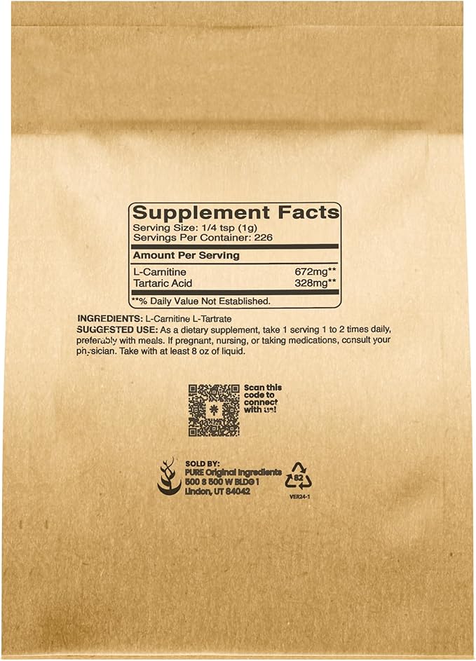 Pure Original Ingredients L-Carnitine L-Tartrate (8oz) Powder, Amino Acid Supplement, Lab-Verified