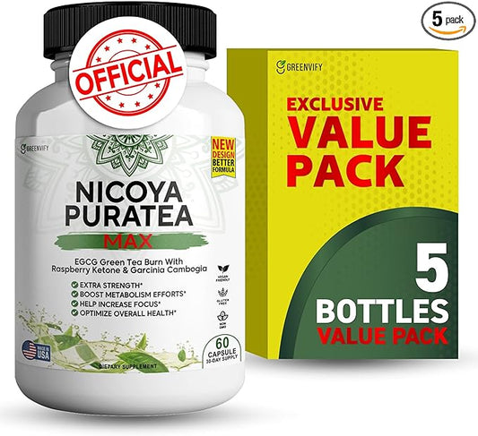 Nicoya PuraTea Max Green Tea Extract & Green Coffee Bean for Metabolism Support, Natural Energy Boost, Antioxidant-Rich Supplement – 300 Capsules