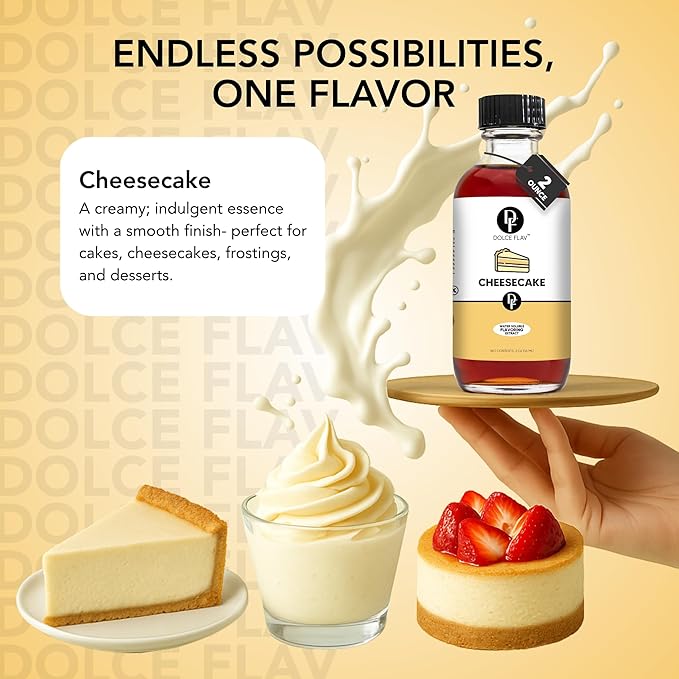 Dolce Flav Cheesecake Extract – 2 Ounce Water-Soluble Kosher, Sugar-Free, Concentrated Creamy Flavor for Desserts, Frostings & Pastries, Includes Measured Dropper