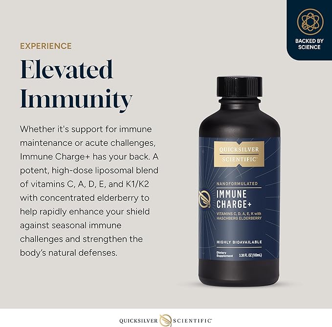 Quicksilver Scientific Immune Charge+ - Elderberry with 10,000 IU Vitamin D3, 25,000 Vitamin A, C, E, K1 & K2 for Immune Health & Lung Support (100ml)