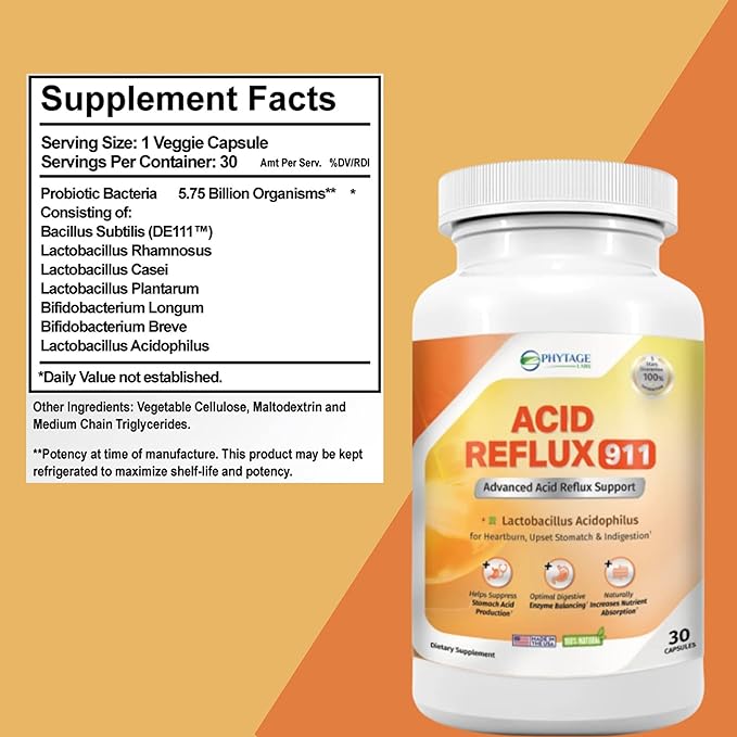 Natural Acid Reflux 911 Supplement Helps Relief Upset Stomach, Heartburn and Acid Indigestion - 100% Natural Powerful Acid Reducer For Fast Natural GERD And Heartburn Relief - 30 Capsules