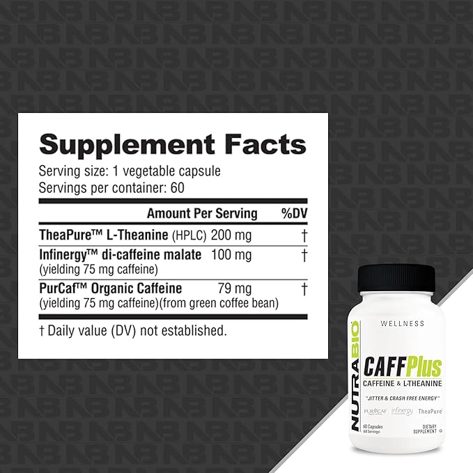 NutraBio CaffPlus, Dual Source Caffeine with Theanine for Healthy Energy Boost - 60 Vegetable Capsules
