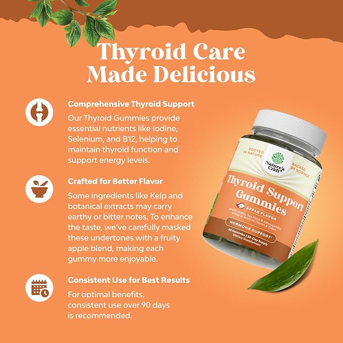 Natures Craft Vegan Thyroid Gummies with Sea Moss - Thyroid Support Gummies for Comprehensive Support for Men and Women with Iodine Selenium and Other Potent Vitamins - Gelatin-Free Non-GMO 60
