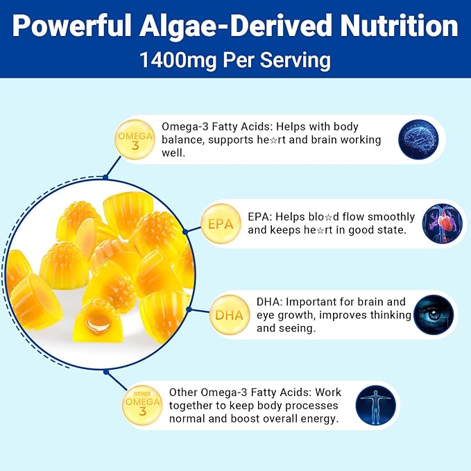 Omega 3 Gummies Vegan Fish Oil Gummies with Turmeric + CoQ10 + Vitamin C D3 K2, Fish Oil Omega 3 Supplements for Women & Men with Algae DHA & EPA for Brain & Immune Support, Sugar Free, 60 Cts